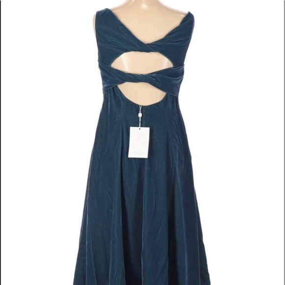 GAL MEETS GLAM CHRISTINE VELVET BATEEU NECK FUR GREEN DRESS size 2 NEW - Picture 2 of 8